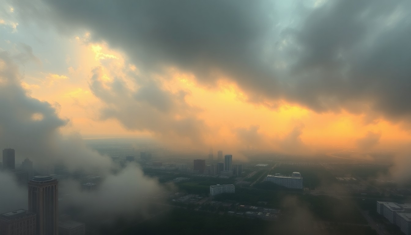 A vast, atmospheric landscape painting depicting the Tallahassee skyline shrouded in a hazy, windswept environment, with the city's buildings and infrastructure dwarfed by the dramatic, sublime weather conditions.