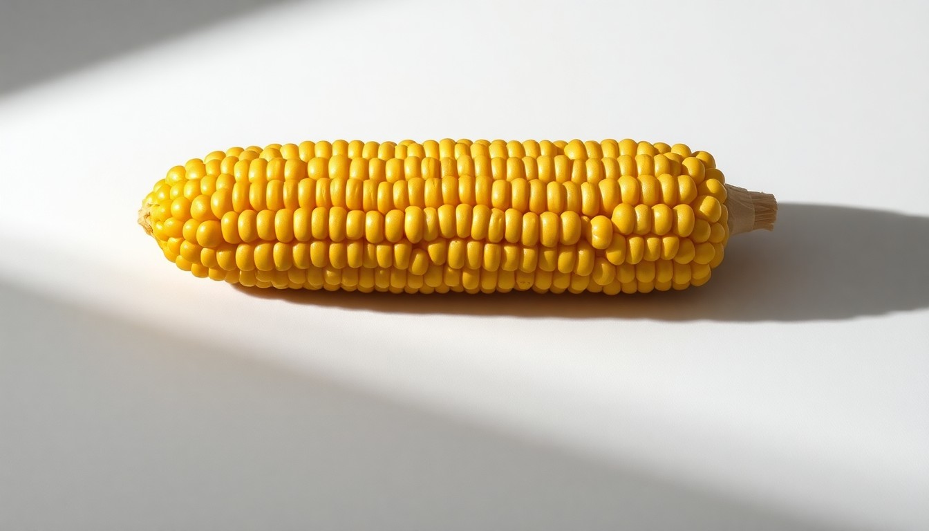 A close-up, photorealistic image of a golden, freshly harvested ear of corn placed on a clean, white background, conveying the premium quality and high performance of the crop.