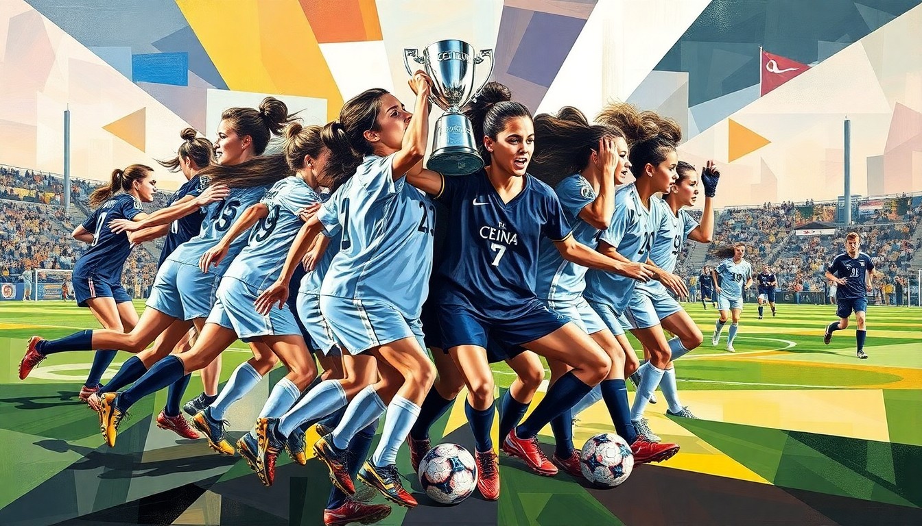 A cubist, geometric painting depicting the key moments and players of the Celina High School girls soccer state championship victory, with sharp, overlapping shapes and planes representing the dynamic action on the field.
