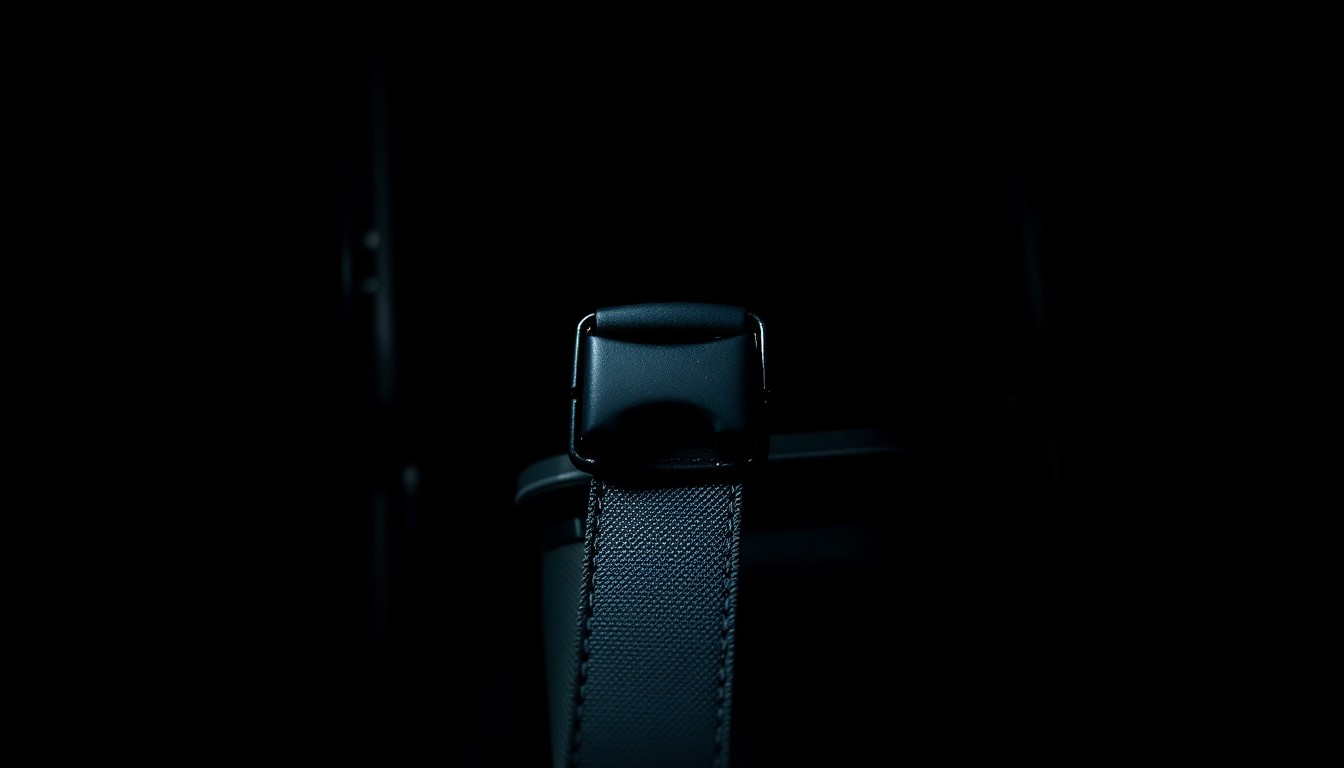 An extreme close-up photograph of a baby stroller's safety buckle, lit by a harsh, direct camera flash against a pitch-black background, conceptually representing the struggle to protect a child from an attempted kidnapping.