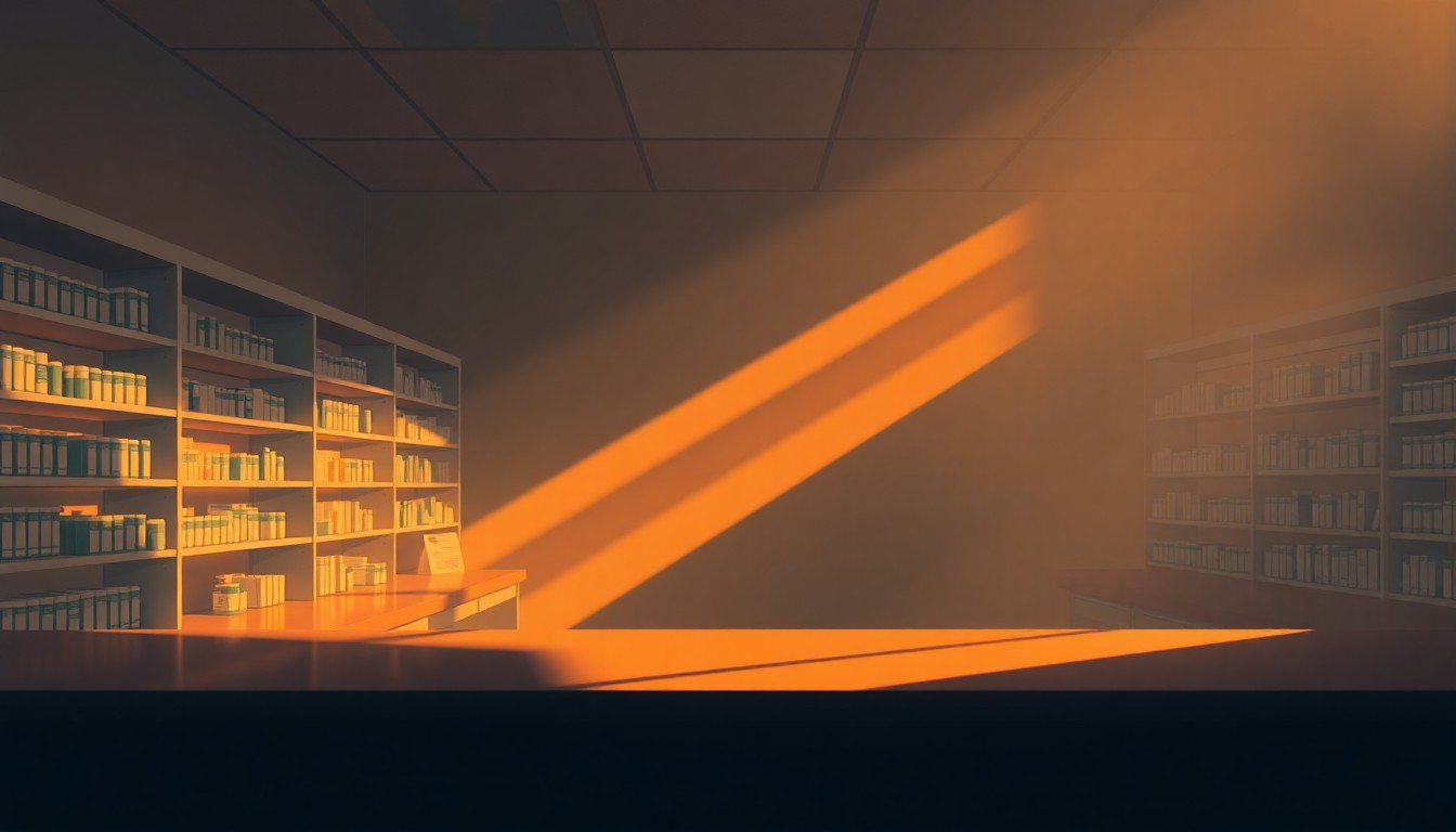 A serene, photorealistic painting of an empty pharmacy counter in warm, golden light, conveying a sense of melancholy and the impact of the opioid crisis on local communities.