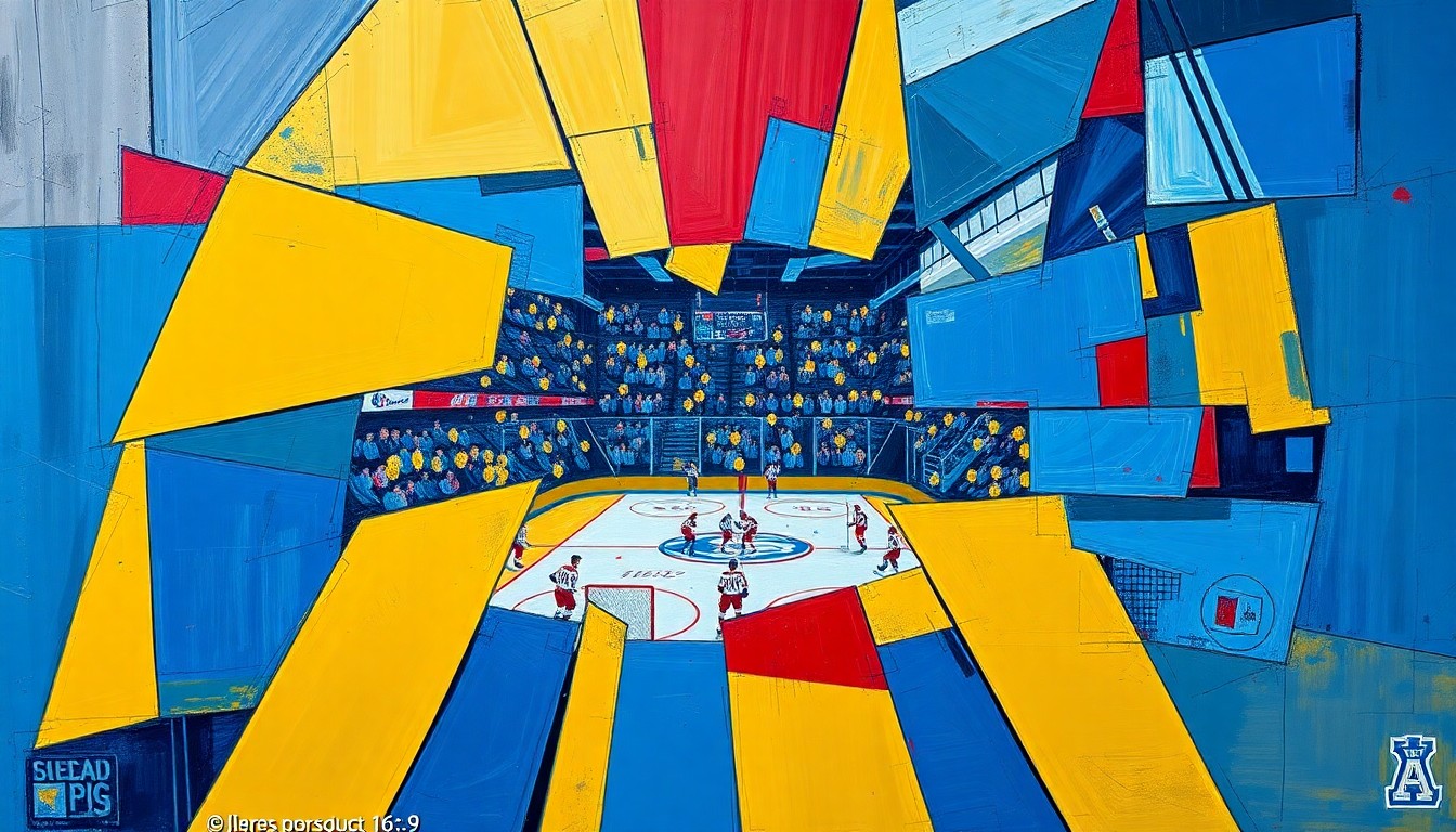A cubist, geometric painting depicting the action and energy of a college hockey championship game, with sharp, overlapping planes of blue, gold, and red.