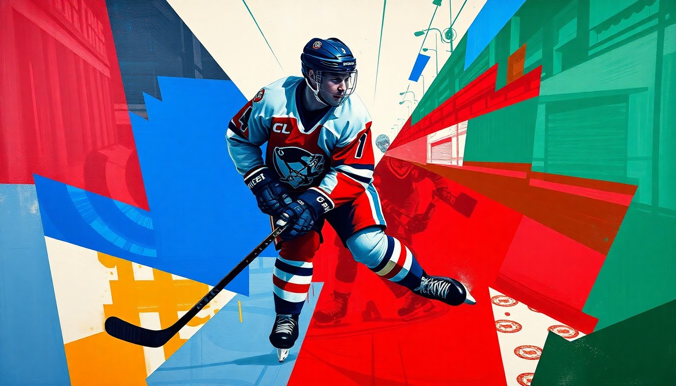 A fractured, cubist-style painting depicting a hockey player in motion, with sharp geometric shapes and planes in vibrant colors representing the speed and intensity of the game.
