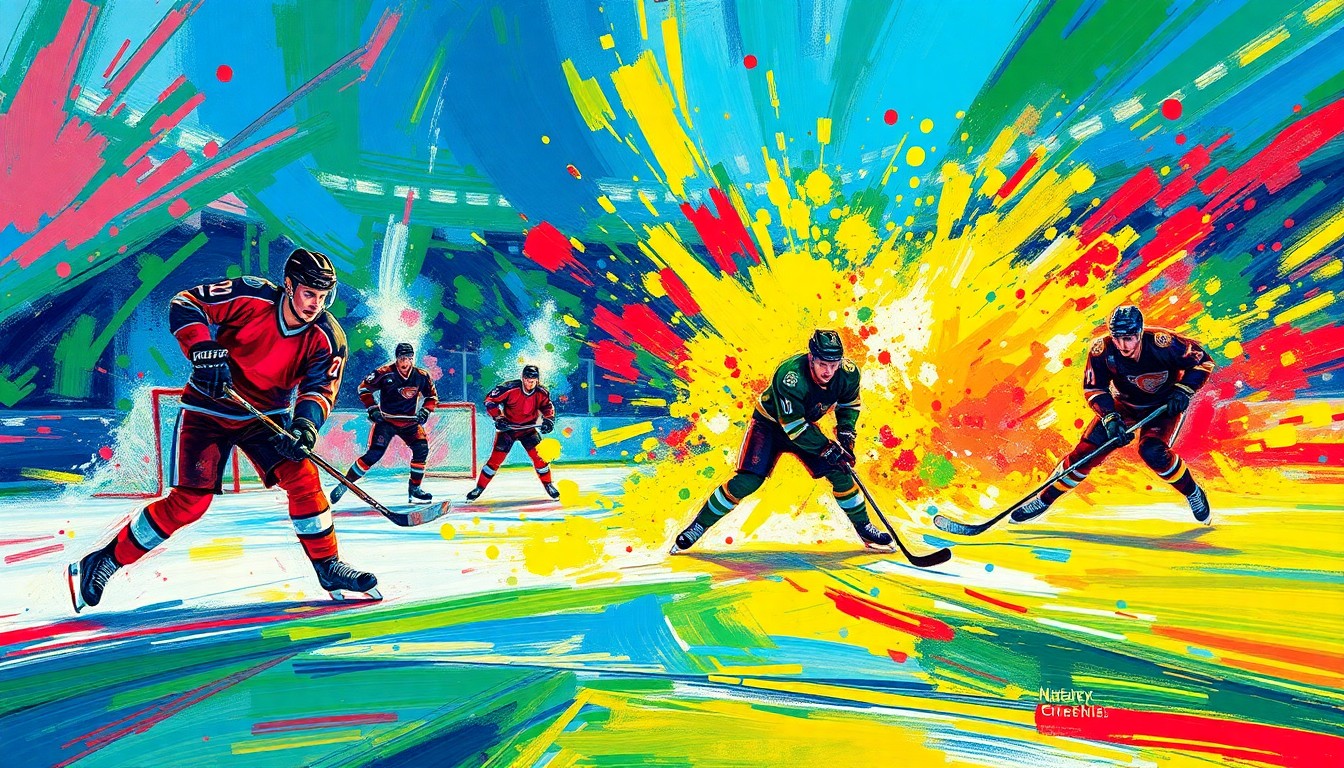 An abstract, expressionist painting in neon colors depicting the chaotic movement and energy of a hockey game, with players' figures blending into vibrant brushstrokes.