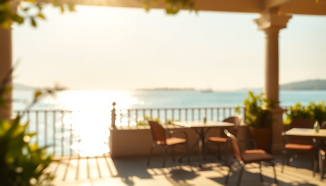 An abstract, out-of-focus photograph featuring a sun-dappled patio overlooking a calm bay, with the faint silhouette of a sailboat in the distance. The image is bathed in warm, golden tones, creating a serene and inviting atmosphere.
