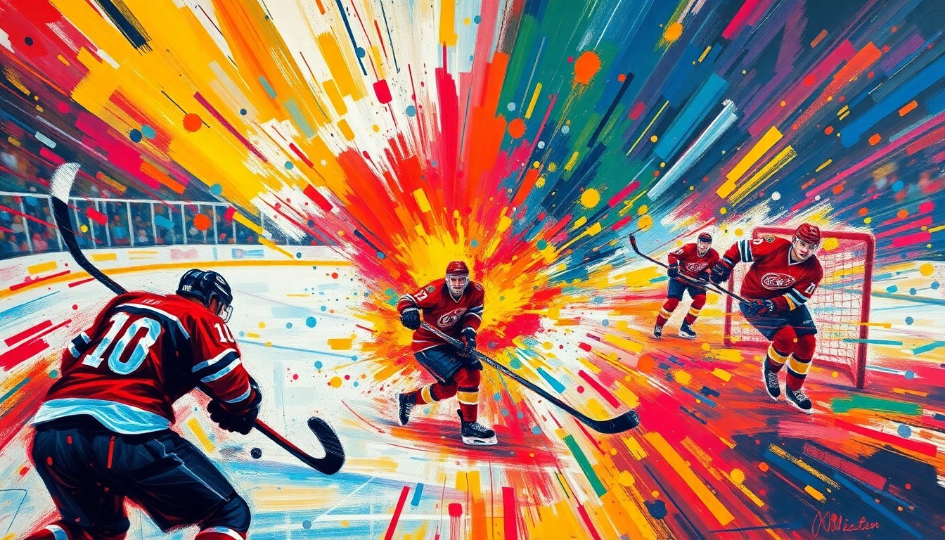 An abstract, expressionist painting in neon colors depicting the chaotic energy and movement of a hockey game, with players' forms breaking down into vibrant brushstrokes and splatters of paint.