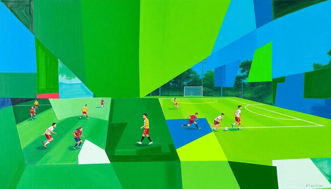 A cubist, geometric painting depicting a high school soccer match, with players and the field broken down into overlapping planes of deep greens, royal blues, and bright whites, conveying the fast-paced action and competitive spirit of the sport.