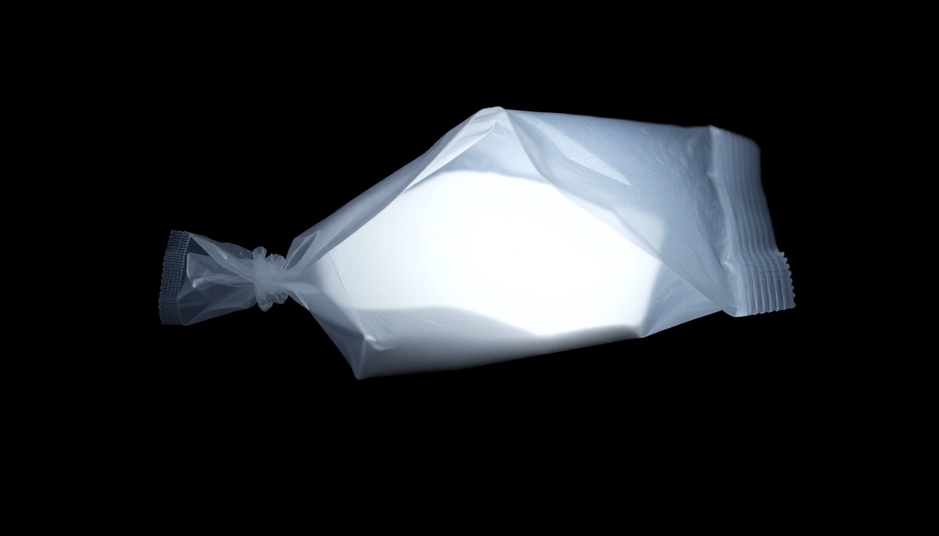 An extreme close-up photograph of a small plastic bag containing white powder, lit by a harsh, direct camera flash against a pitch-black background, conceptually illustrating the evidence of a drug trafficking crime.