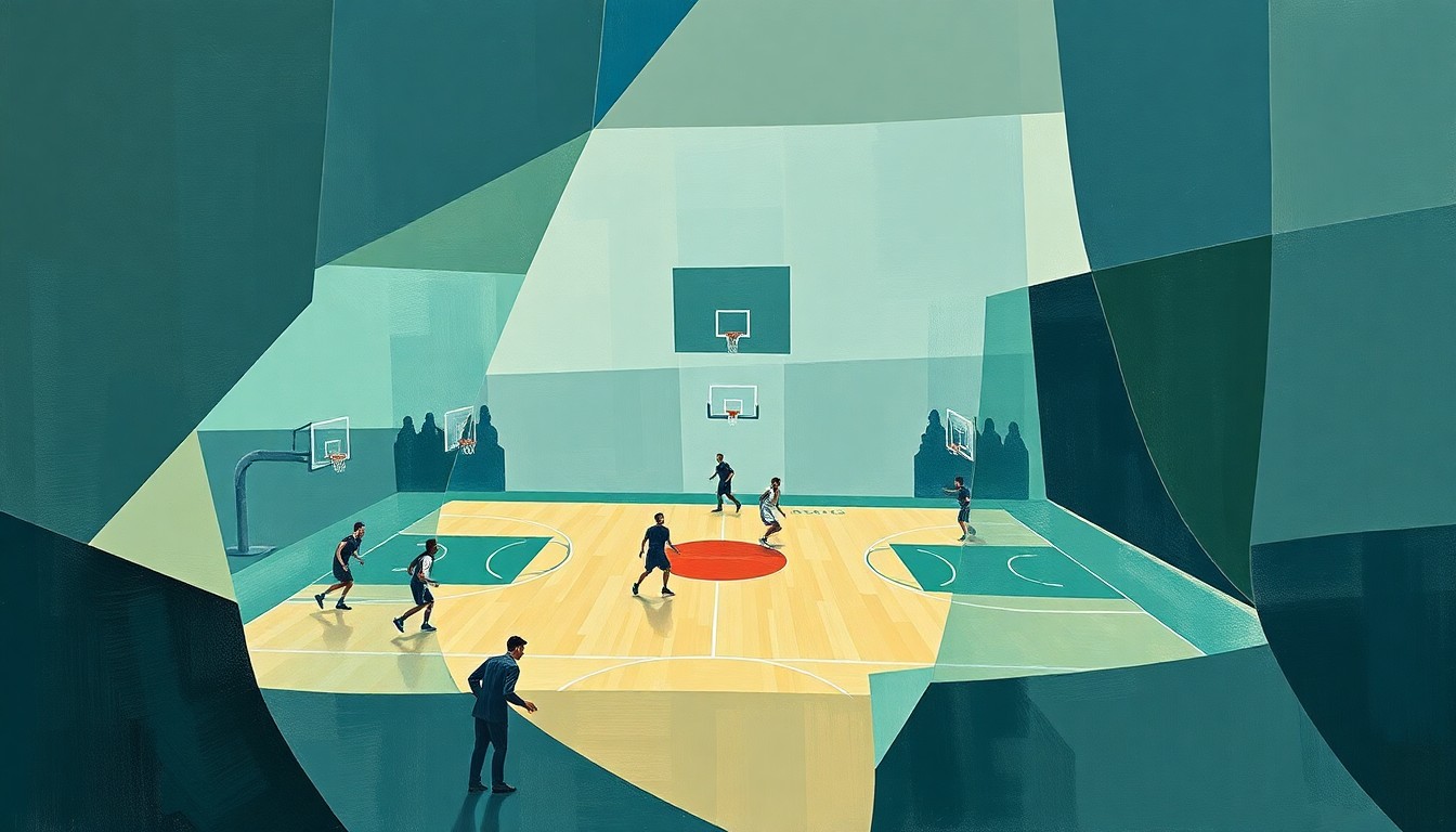 A fragmented, geometric painting depicting a basketball game or match, with the players and court broken down into abstract shapes and planes of muted colors, conveying the uncertainty and transition facing the Golden State Warriors.