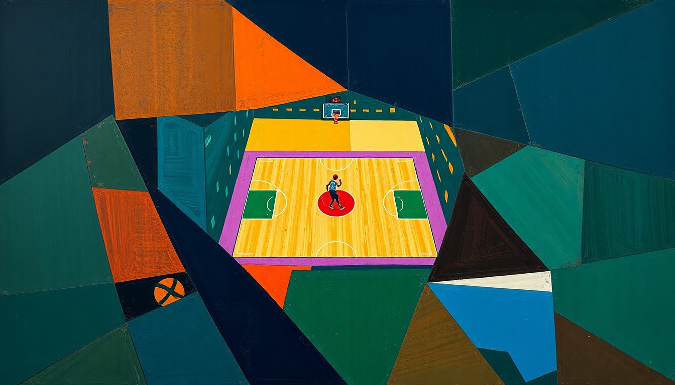 A cubist, geometric painting depicting a fragmented basketball court scene, with overlapping shapes and planes in shades of navy, green, and orange, conveying the strategic approach the Timberwolves are taking to manage player health and minutes as the playoffs approach.