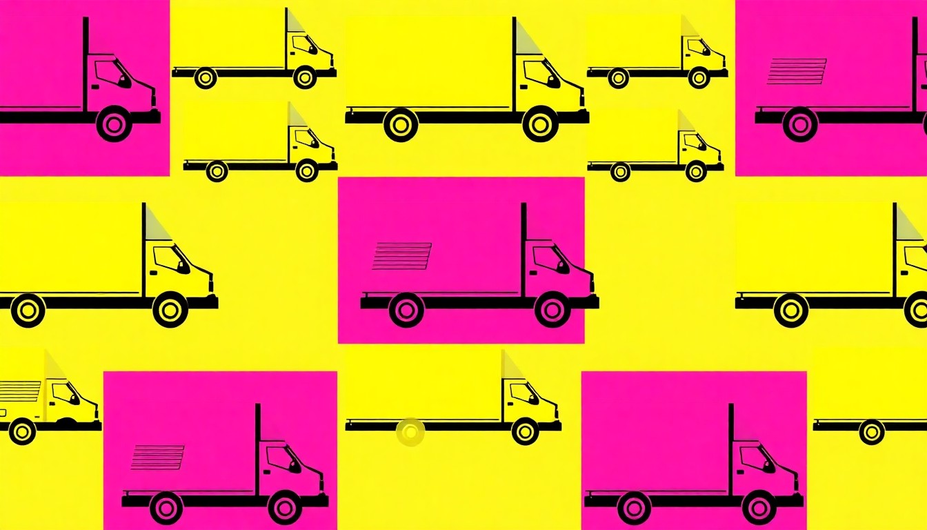 A brightly colored, high-contrast silkscreen print of a stylized moving truck icon repeated in a tight grid pattern, using vibrant neon colors and heavy black outlines to create a modern pop art representation of the challenges faced by the moving industry during the military's peak relocation season.