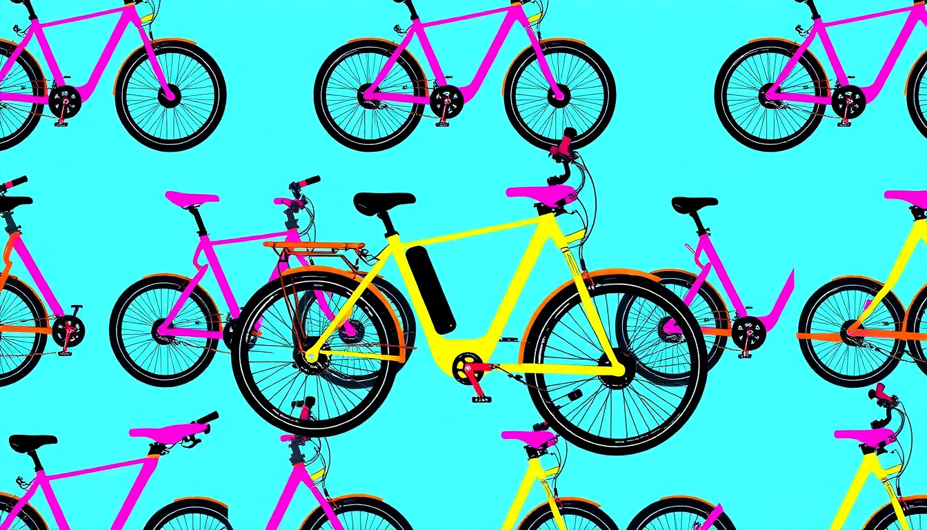 A bold, colorful silkscreen-style illustration featuring a repeating pattern of a stylized electric bicycle in neon blue, pink, and yellow, conceptually representing the sustainable transportation options highlighted at Portland's Earth Day event.