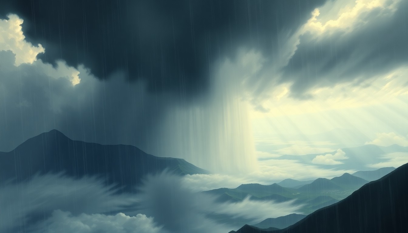 A vast, atmospheric landscape painting depicting a stormy, rain-swept scene over the Hawaiian islands, with dramatic lighting and deep perspective conveying the overwhelming scale of the approaching weather system.