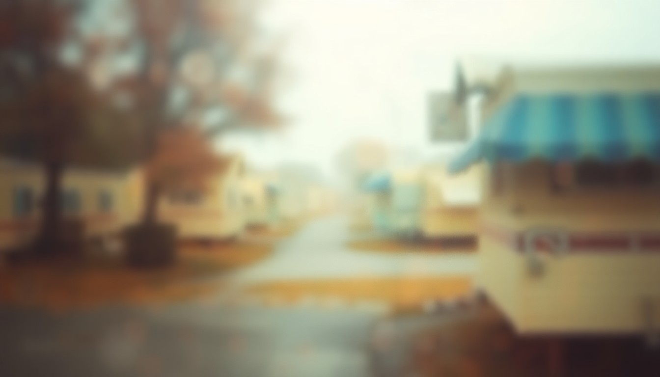 An impressionistic, out-of-focus scene of a mobile home park, with blurred shapes and muted, earthy tones conveying a sense of melancholy and displacement.