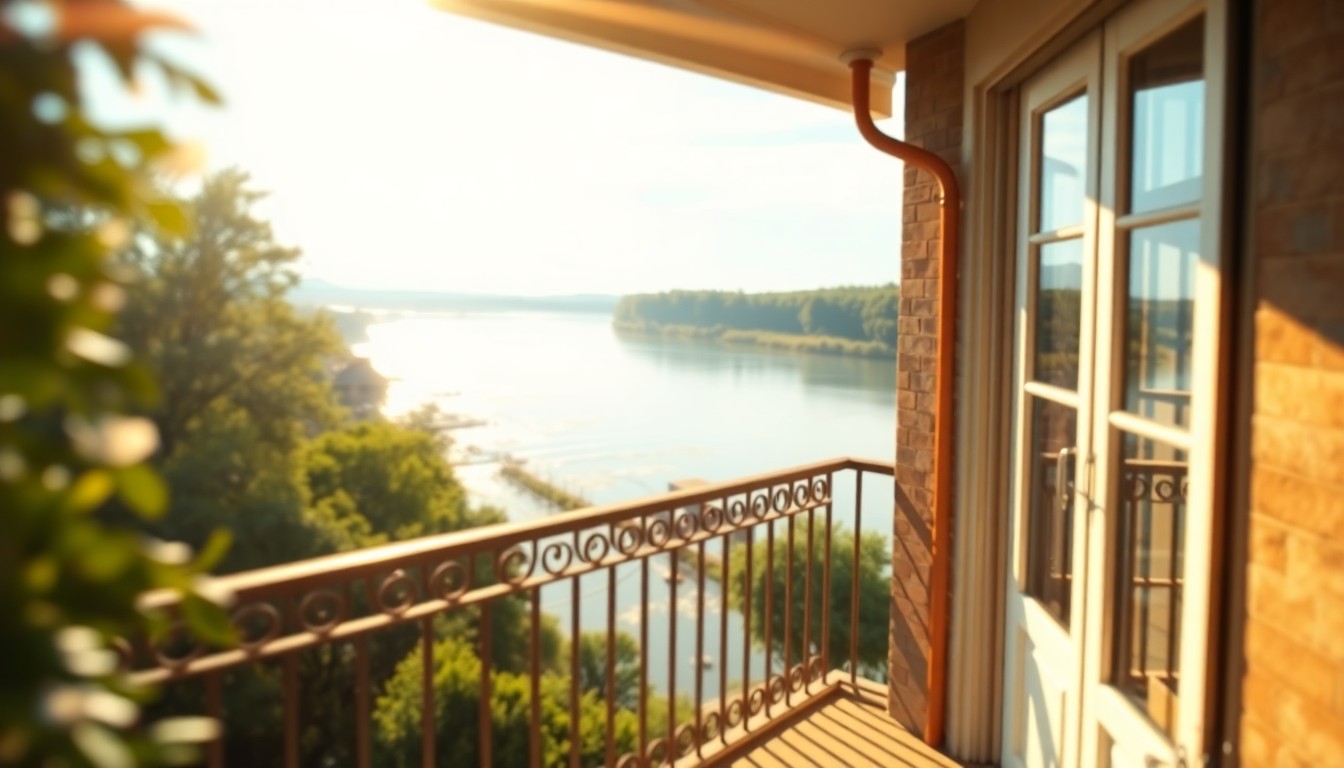 An abstract, impressionistic photograph of a sun-dappled balcony overlooking a calm river, with soft pools of warm light and color reflecting off the water's surface.