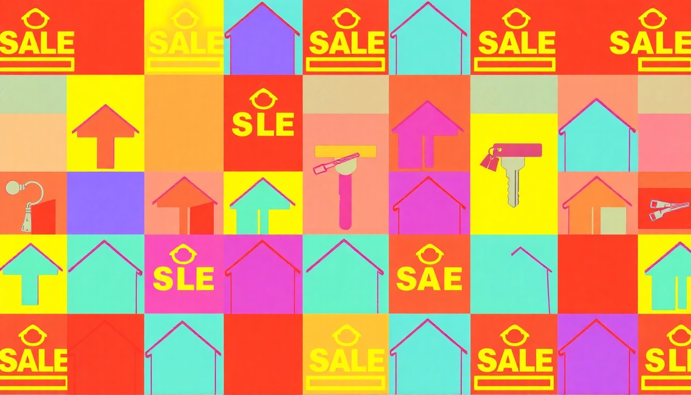 A grid of brightly colored, high-contrast silkscreen prints of a house key, repeated in a tight pattern with overlapping neon hues and heavy black outlines, conceptually representing the opportunity for a buyer to add value to this Norfolk property through renovations.