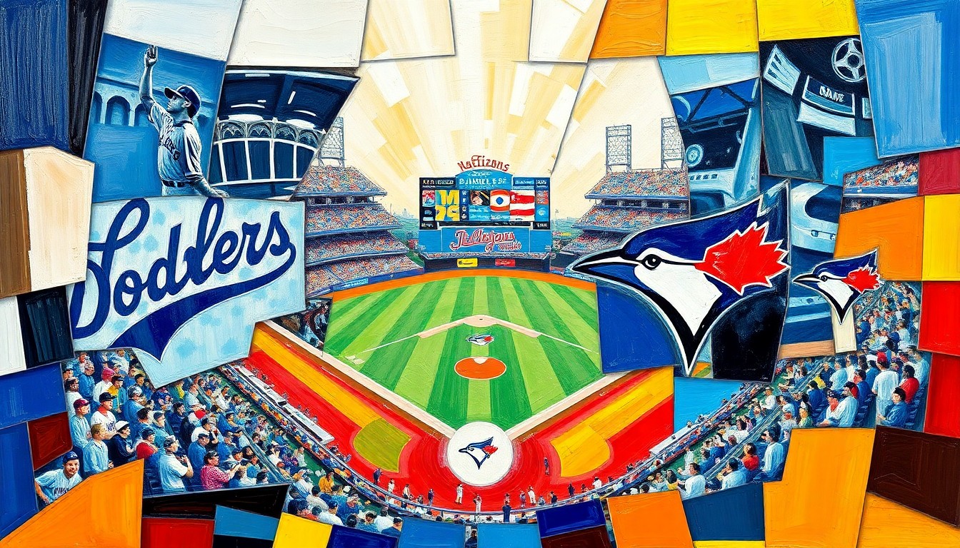 A fractured, cubist-style painting depicting a baseball game between the Los Angeles Dodgers and Toronto Blue Jays, with sharp geometric shapes and planes in the teams' colors of blue, white, and red, capturing the intensity and drama of the matchup.