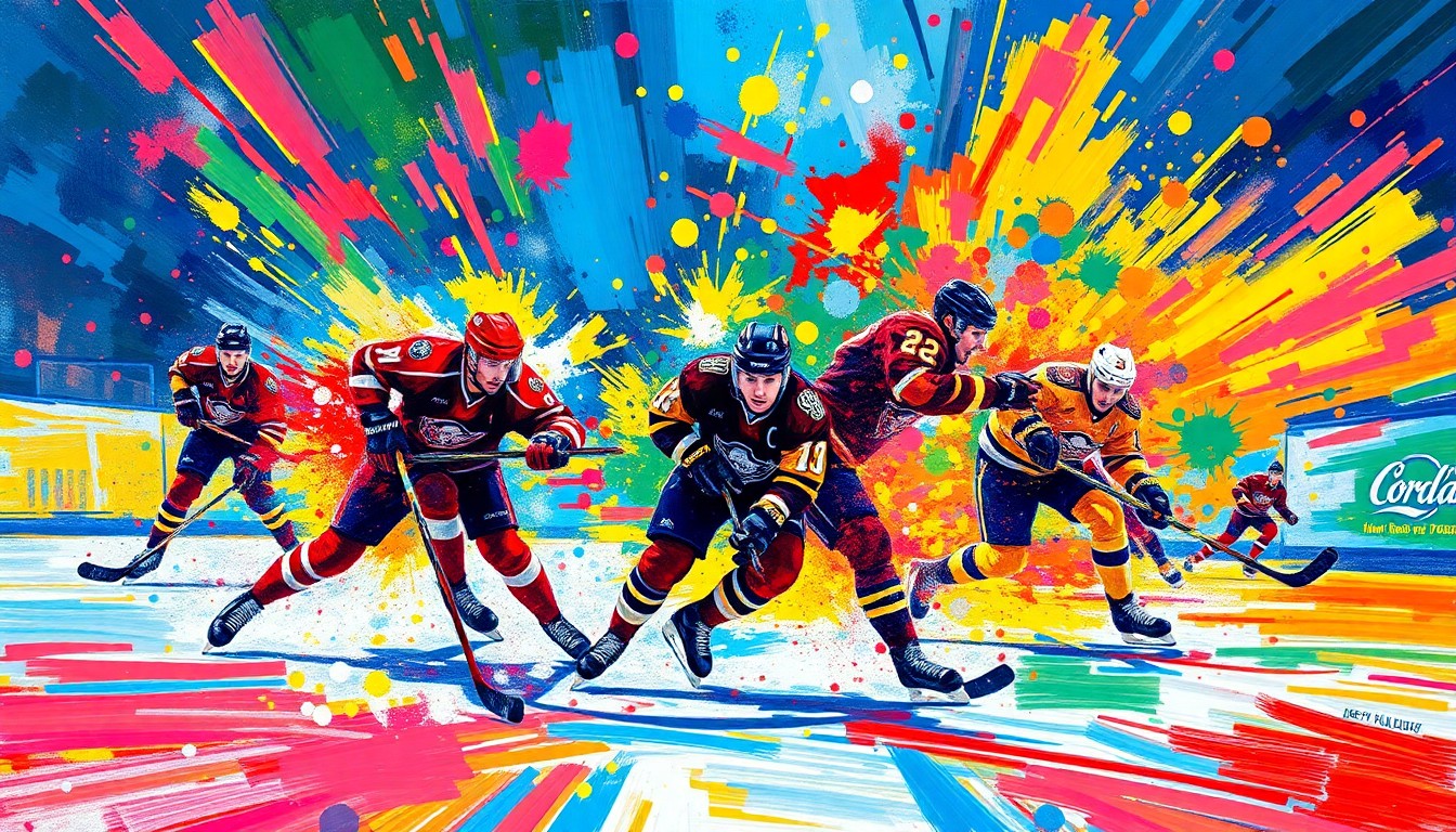 An abstract, energetic painting featuring bold, neon-colored brushstrokes that capture the dynamic movement and intensity of a hockey game, with players' forms blending together in a vibrant, expressionistic style.