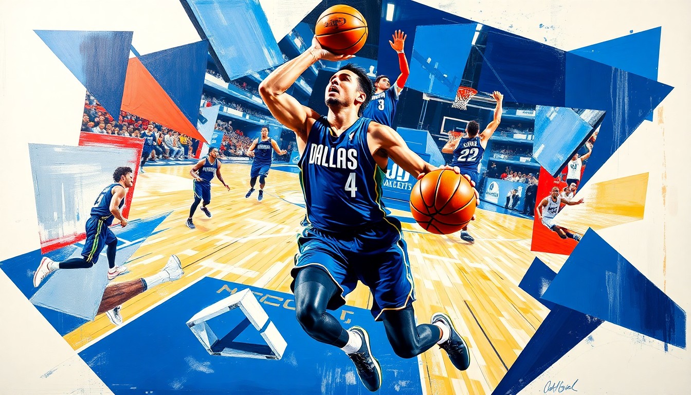 A fractured, cubist-style painting depicting a basketball game in motion, with the player Cooper Flagg's movements and actions broken down into sharp, overlapping geometric shapes and planes in the Mavericks' team colors of blue, silver, and navy.