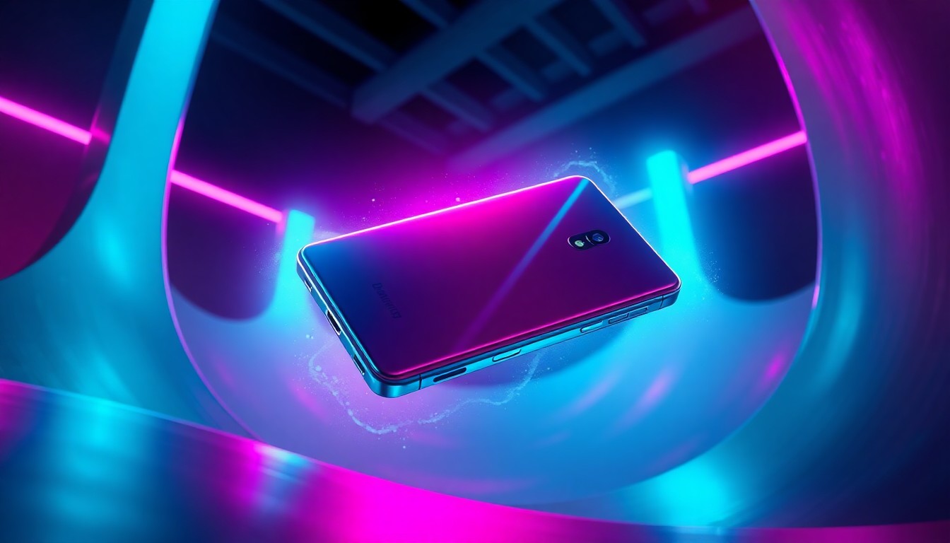 A highly detailed, glowing 3D illustration of a Samsung Galaxy S26 Ultra smartphone embedded within a skateboarding course, with neon cyan and magenta lights illuminating the device and its surroundings, conceptually representing the immersive and technologically advanced future of sports broadcasting.