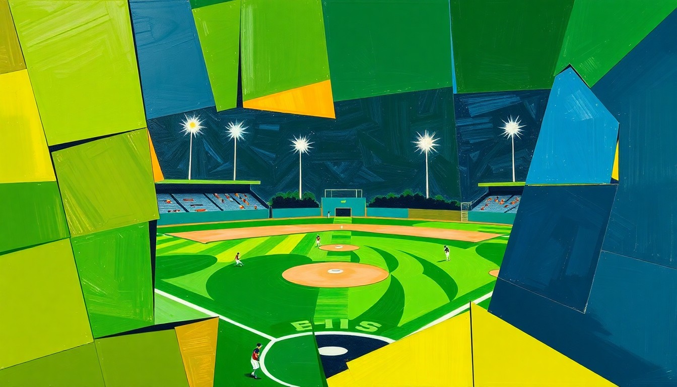 A cubist-style painting featuring overlapping geometric shapes and planes in shades of green, navy, and gold, representing the dynamic action of a college softball game.