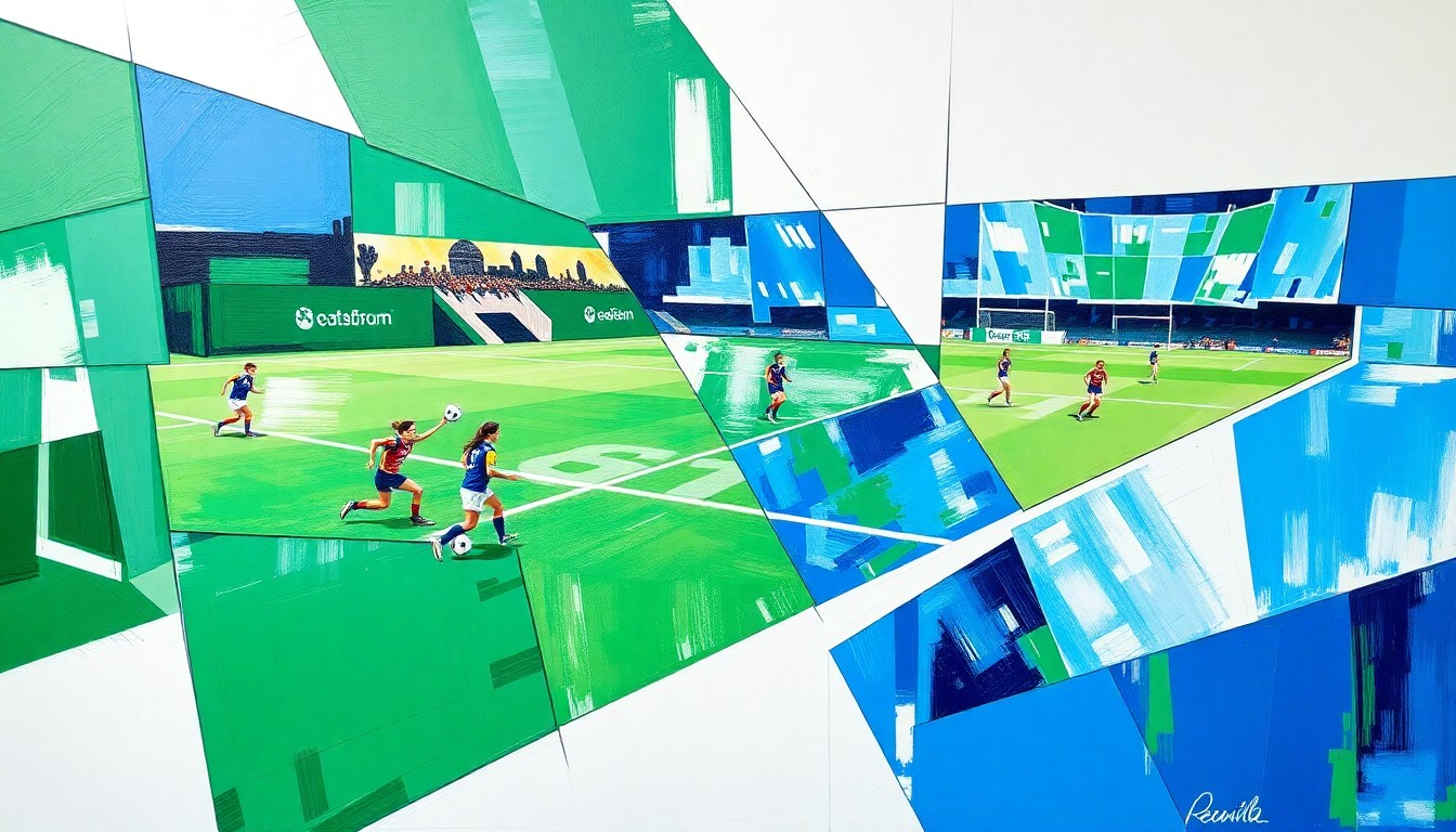 A cubist, geometric painting depicting the action and movement of a girls high school soccer match, with overlapping planes of green, blue, and white shapes representing the players, ball, and field.