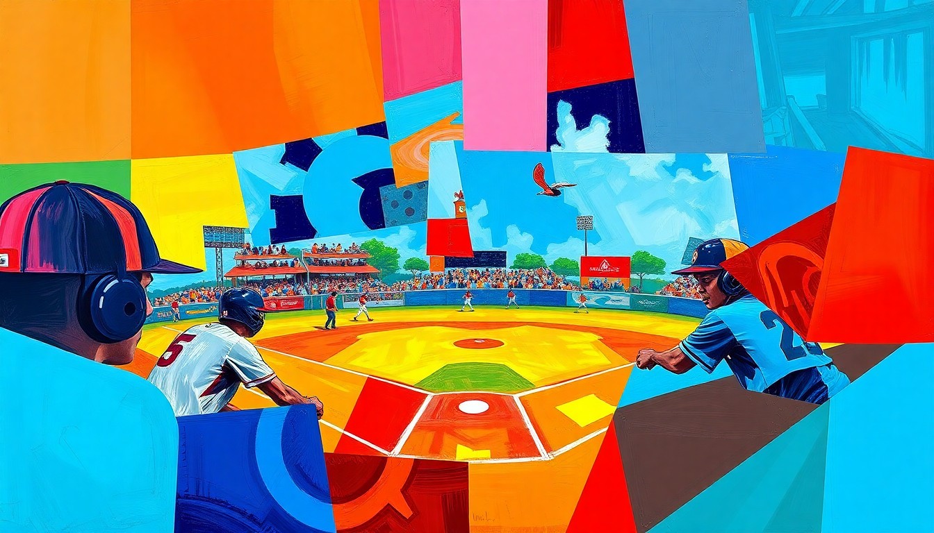 A fragmented, geometric painting in bold primary colors representing the dynamic movements and competitive spirit of a high school softball game.