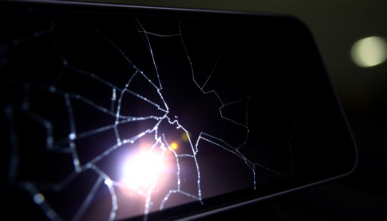 An extreme close-up of a cracked smartphone screen reflecting a harsh, direct camera flash, conceptually illustrating the sudden and invasive nature of a fraudulent speed camera citation scam.
