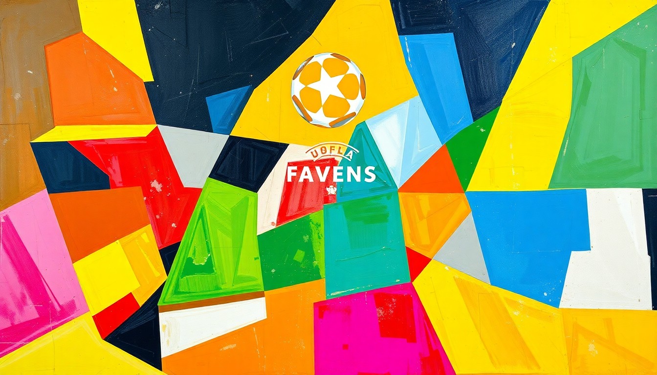 A cubist, geometric painting depicting a Champions League match or competition, with sharp, overlapping planes of color representing the action on the field.