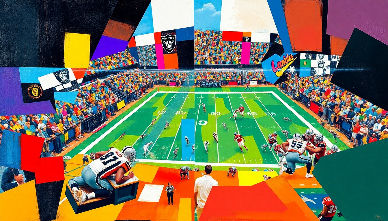 A cubist-style painting depicting a fragmented, geometric representation of a football game, with sharp planes of color and overlapping shapes capturing the dynamic energy of the sport.