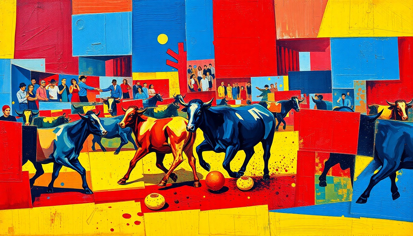 A cubist-style painting depicting a steer wrestling competition, with the action broken down into sharp, overlapping geometric shapes in a vibrant color palette.