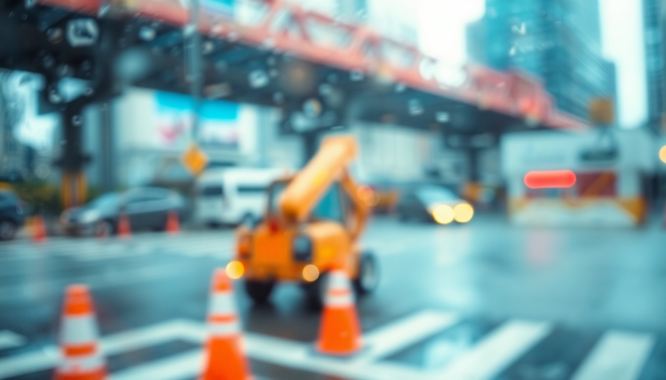 An abstract, out-of-focus cityscape with blurred construction equipment and orange traffic cones in the foreground, conveying the mood of an urban infrastructure project.