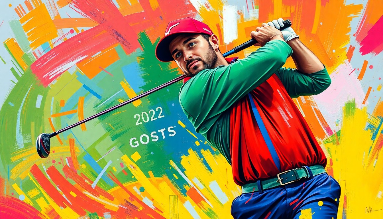 A dynamic, abstract painting in vibrant neon colors depicting the explosive energy and fluid motion of a golfer's swing, representing the rising star power of Jon Rahm at the 2023 Masters Tournament.
