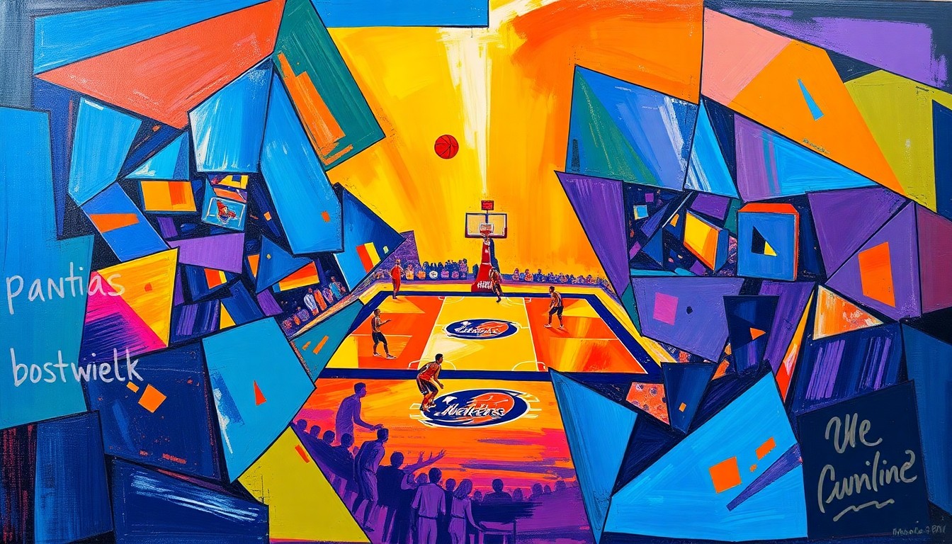 A cubist, geometric painting depicting the dynamic movements and energy of a basketball game, with players and the court fragmented into overlapping planes of vibrant colors.