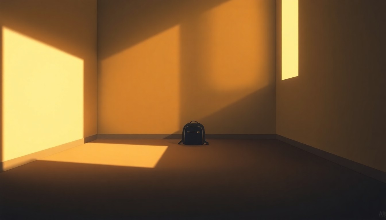 A solitary child's backpack or toy sits alone in a sparse, dimly lit room, bathed in warm, diagonal sunlight and deep shadows, conveying the emotional isolation and trauma experienced by children in immigration detention centers.