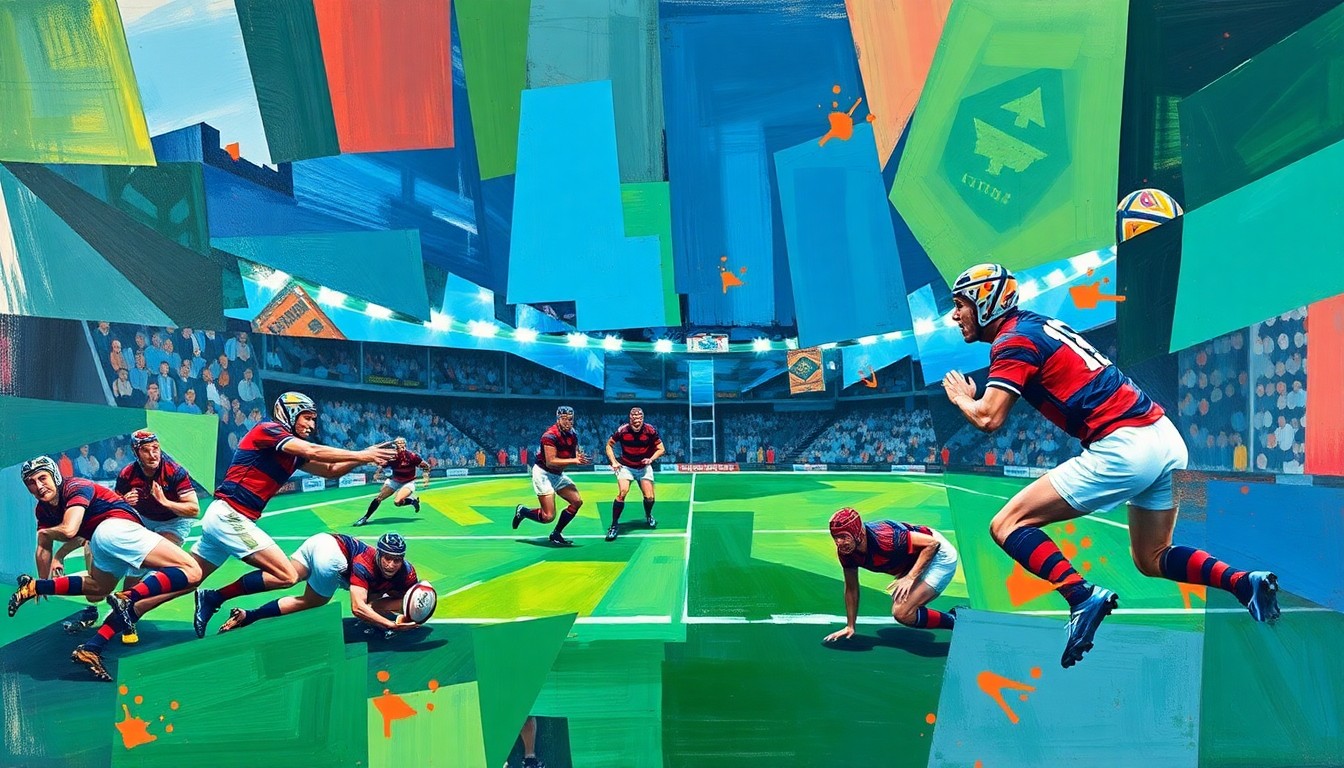 A fragmented, geometric painting in bold colors depicting a rugby match or competition, with overlapping planes and angles that deconstruct the action into an abstract, cubist composition.