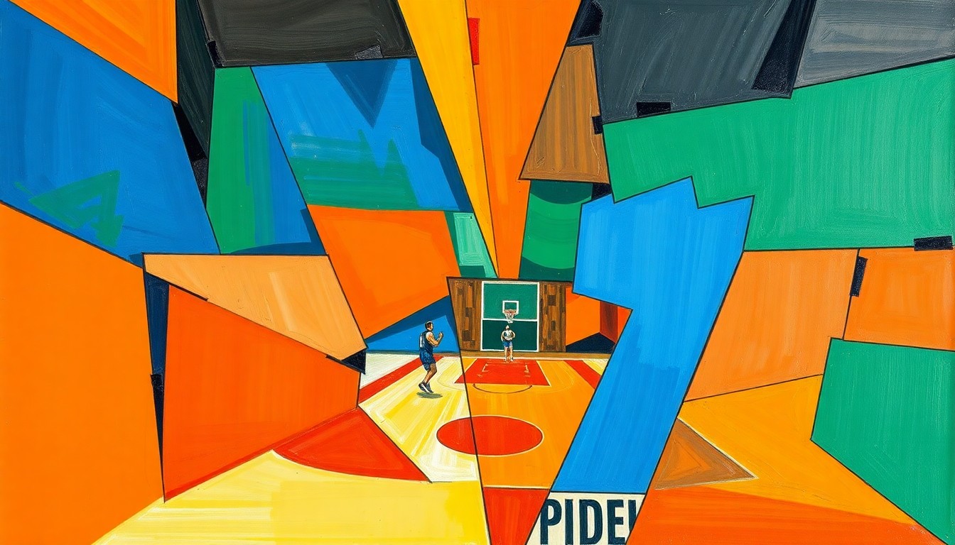 A cubist, geometric painting depicting fragmented, overlapping shapes and planes in vibrant colors, representing the dynamic action and movement of a basketball game or match.