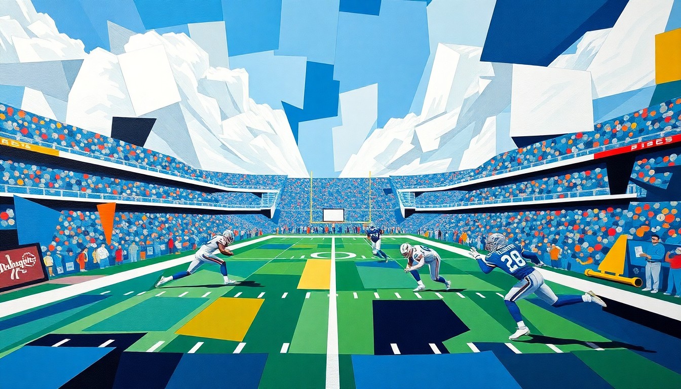 A cubist, geometric painting depicting a fractured, multi-perspective view of a football game, using the Detroit Lions' official team colors to conceptually represent the team's coaching continuity and defensive strategy.