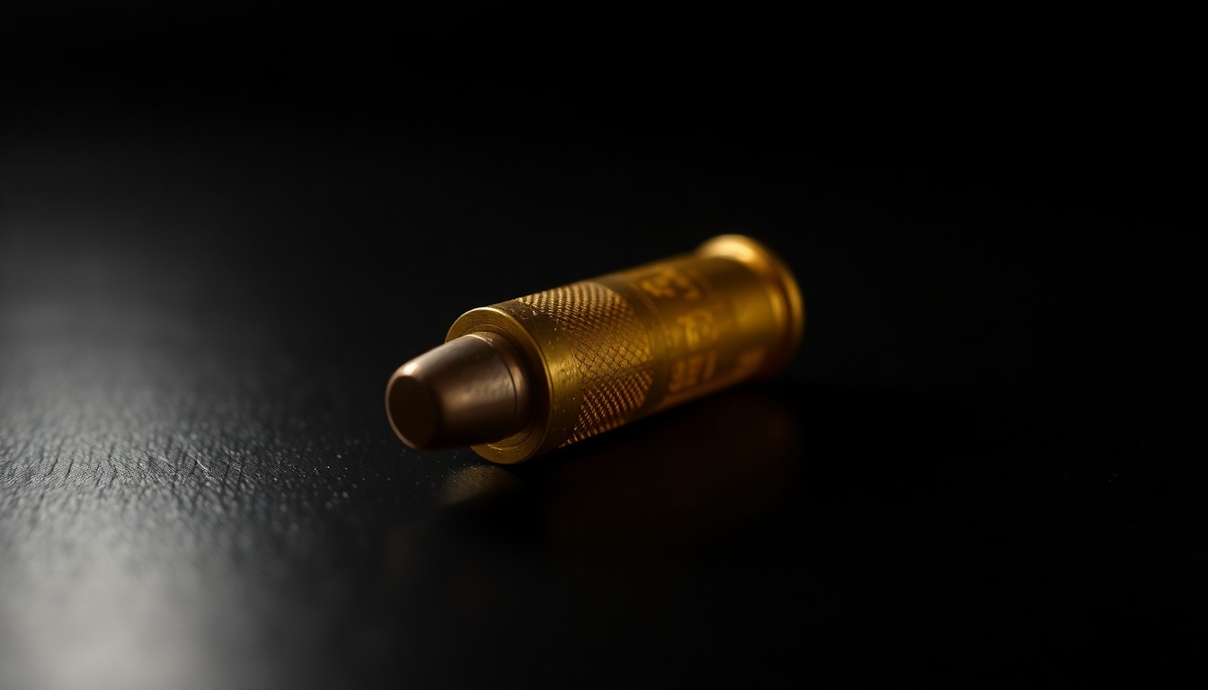 An extreme close-up photograph of a single spent bullet casing on a dark surface, lit by a harsh, direct camera flash, conceptually illustrating the dangers of unsecured firearms.
