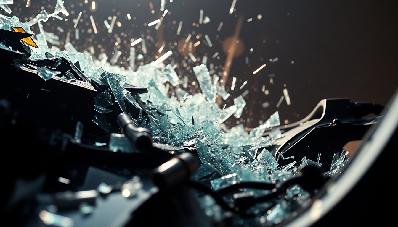 An abstract, high-contrast close-up photograph of shattered glass and twisted metal, conveying the emotional impact and conceptual meaning of a car crash involving a public figure and children.