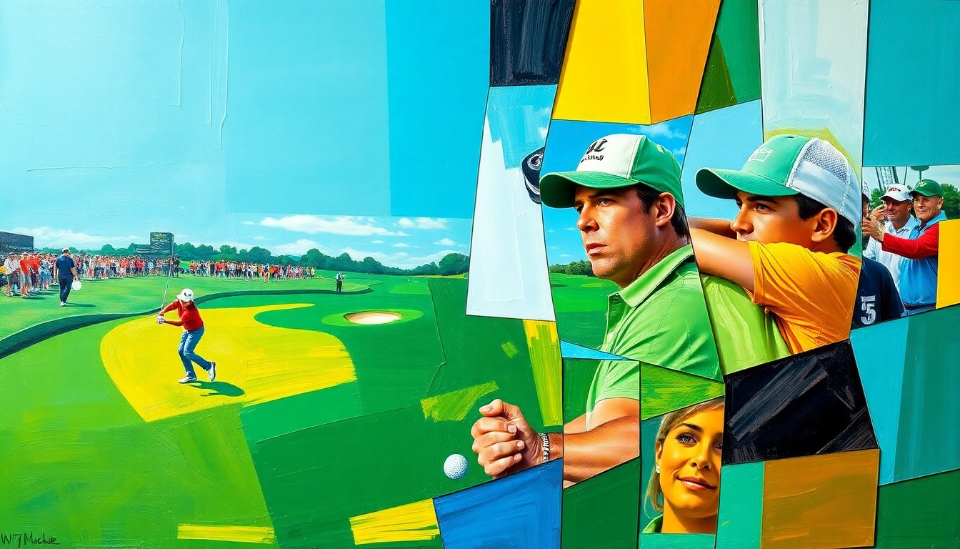 A cubist, geometric painting depicting a golf tournament with overlapping, fragmented shapes and planes in vibrant colors, capturing the energy and tension of the Skins Game competition.