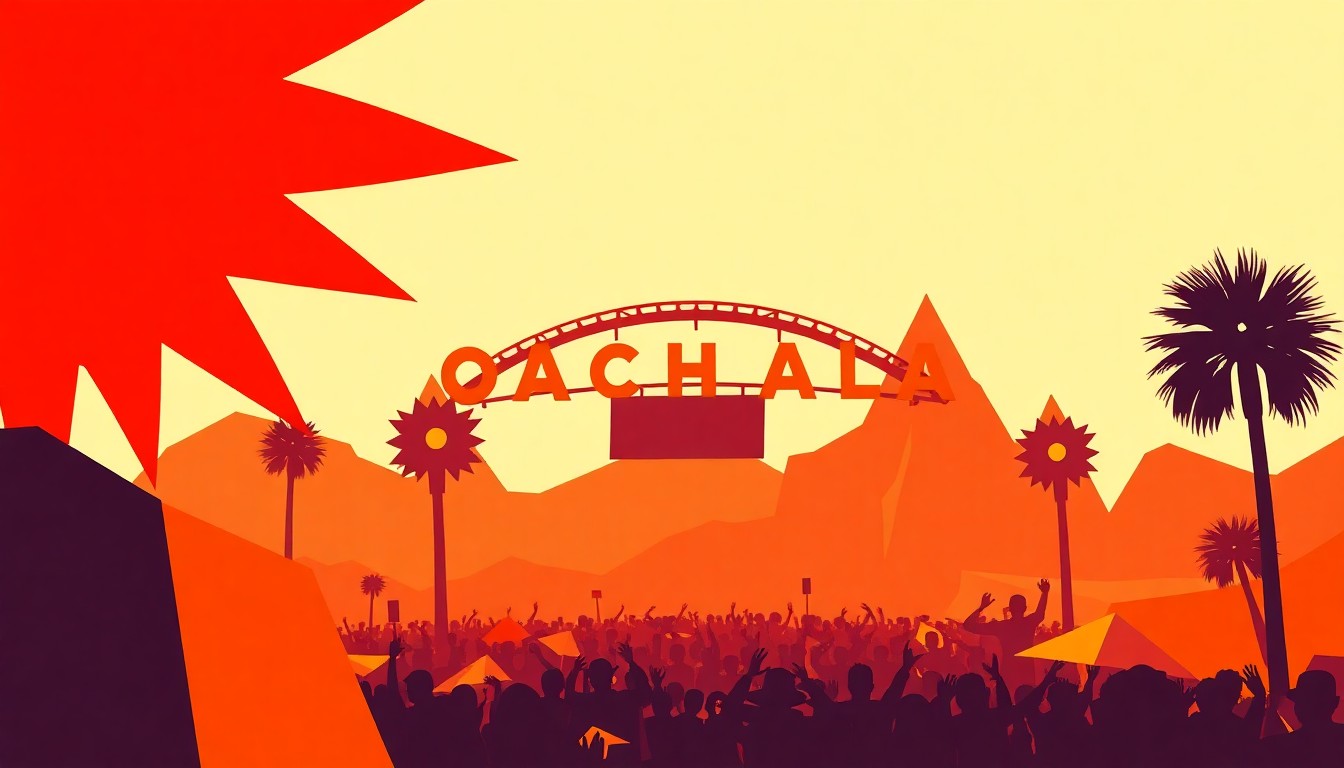 An abstract, minimalist illustration featuring bold, jagged shapes in bright, vibrant colors, conceptually representing the energy and excitement of the Coachella music festival.