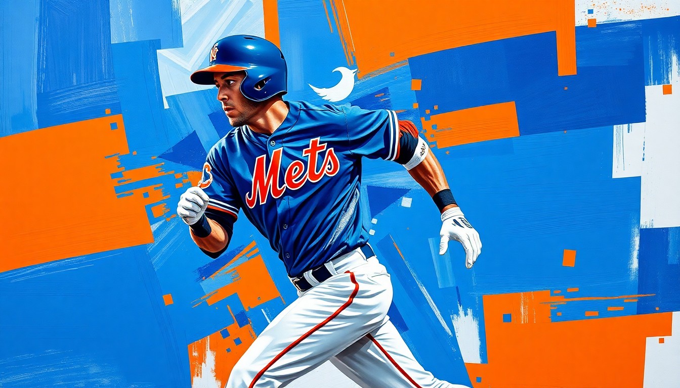 A cubist, geometric painting depicting a baseball player in motion, with sharp, overlapping planes of royal blue, orange, and white, conceptually representing the Mets' challenge in overcoming Soto's injury.