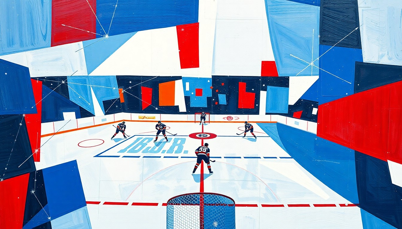 A dynamic, abstract painting featuring sharp, angular shapes in shades of blue, white, and red, representing the fast-paced action and competitive spirit of a hockey game between two rival teams.