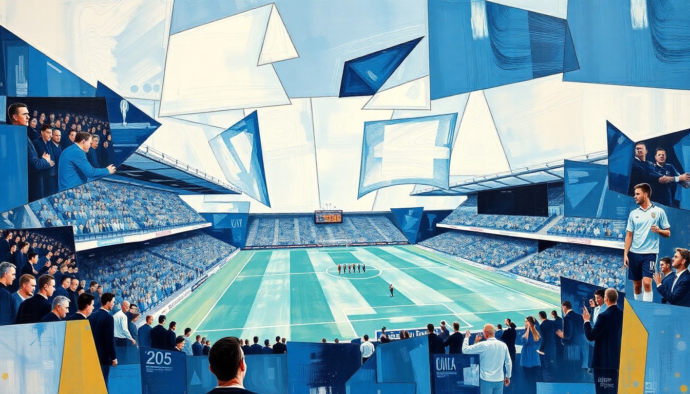 A cubist, geometric painting featuring overlapping planes of blue and white, representing the energy and movement of a Carlisle United football match.