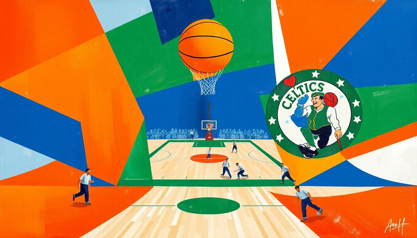 A cubist, geometric painting depicting a basketball game between the New York Knicks and Boston Celtics, with the court and players broken down into overlapping planes of vibrant orange, blue, green, and white colors.