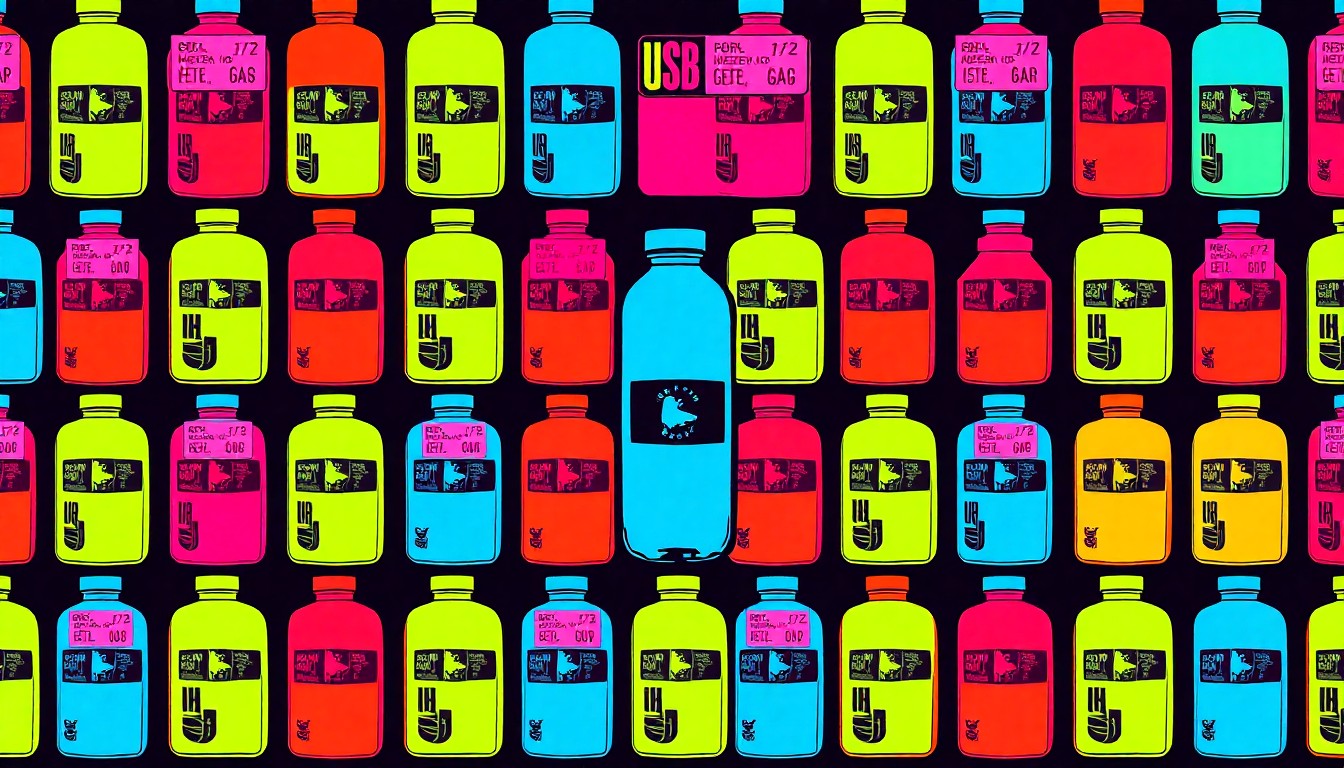 A vibrant, high-contrast silkscreen print of a military-style water bottle repeated in a grid pattern, conceptually representing the items being collected for troops in a bold, pop art style.