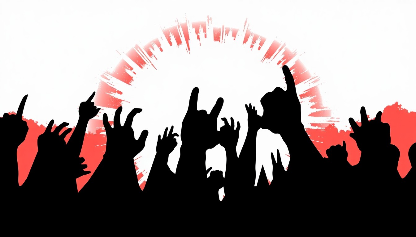 An abstract illustration featuring bold, jagged black silhouettes against a deep red background, conceptually representing the energy and intensity of punk rock music.