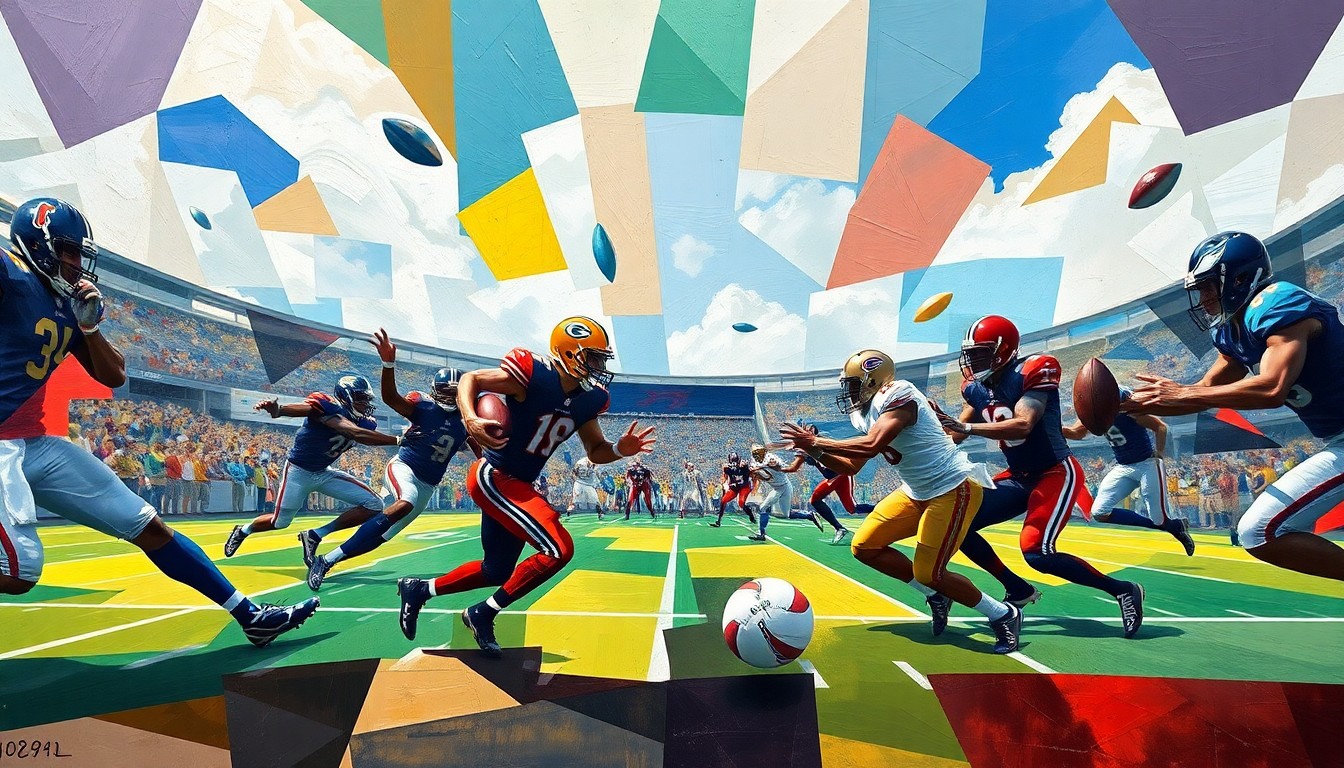 A cubist, geometric painting depicting a football game in motion, with the players' forms broken down into abstract shapes and planes of color, creating a dynamic and energetic visual representation of the upcoming NFL Draft.
