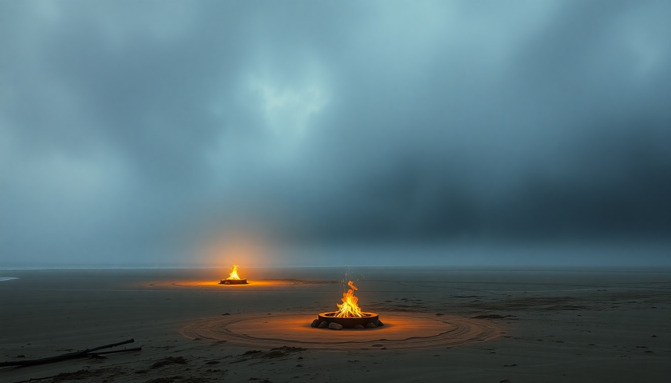 A sweeping, atmospheric landscape painting in muted tones, with a single, glowing propane fire pit visible in the distance, surrounded by a vast, fog-shrouded beach scene that conveys the overwhelming scale and power of the natural environment.